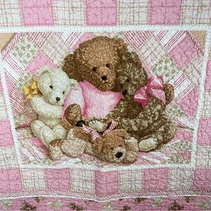 Teddy Bear Handmade Baby Quilt Crib Blanket 38”x43” Patchwork Pink White Nursery